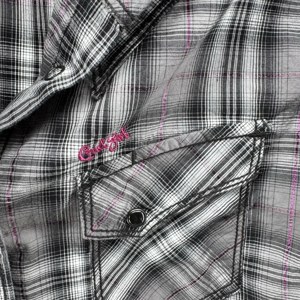 Cruel Girl Plaid Snap Shirt Youth L Gray Black Pink Western Cowgirl Rodeo Y2K